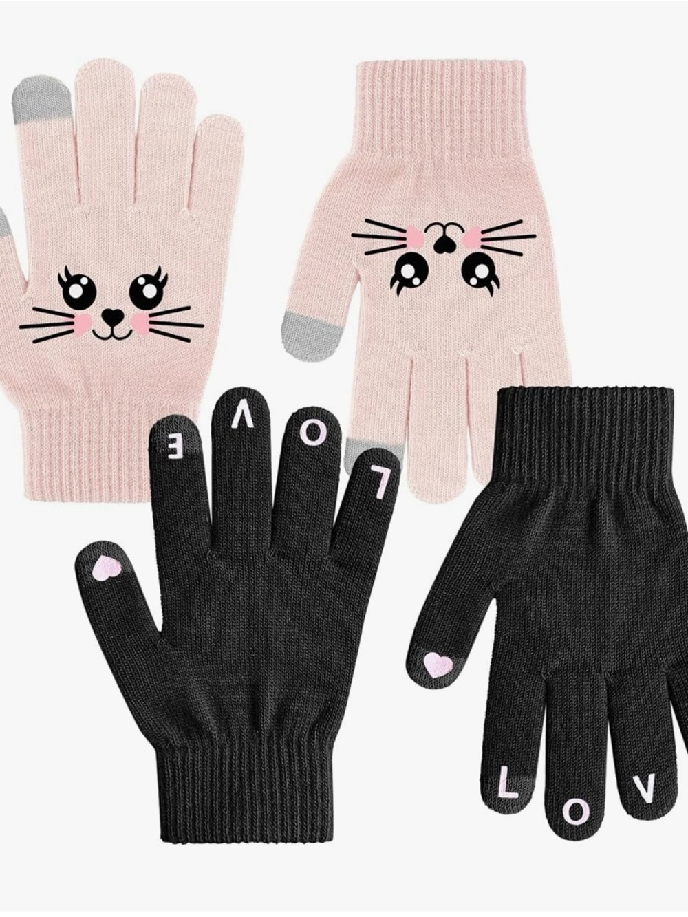 Kids Cute Cat & 'LOVE' Touchscreen Gloves - Pink and Black